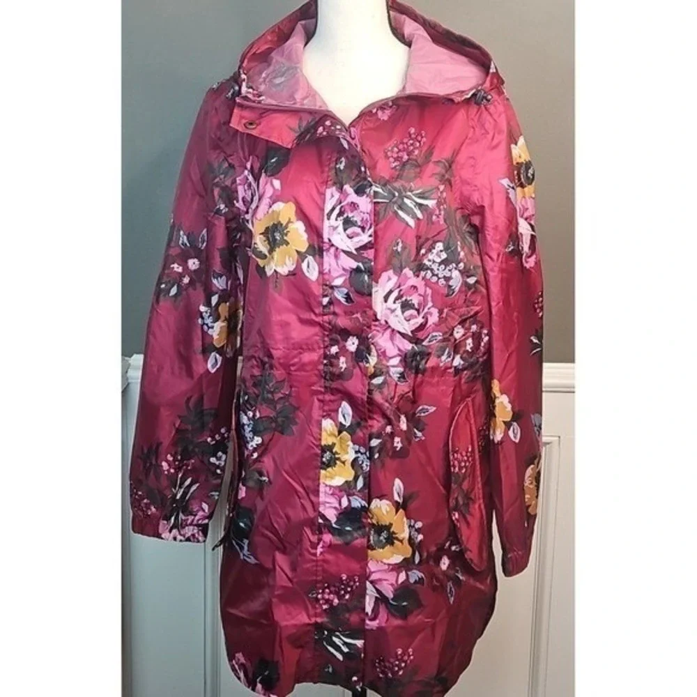 Joules Raincoat Upcycled Plastic Golightly Red Pink‎ Berry Floral Size 4 NWT